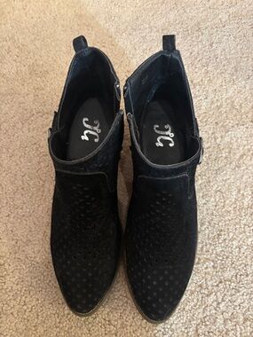 CC Boutique Black Suede Perforated Ankle Booties with Side Buckle